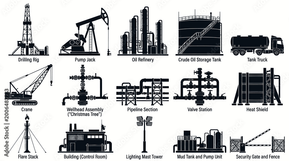 Obraz premium Oil and Gas Industry Equipment and Infrastructure Icons Set. Black and White Vector Silhouettes for Energy Sector