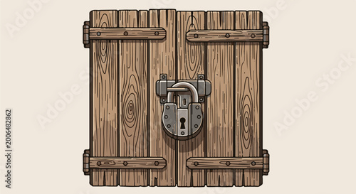 A sturdy wooden door with a large, grey, metal padlock securing it closed