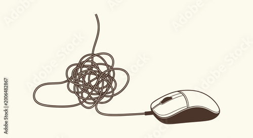 Tableau sur toile Tangled computer mouse cord vector art illustration for technical issues and cable management problems
