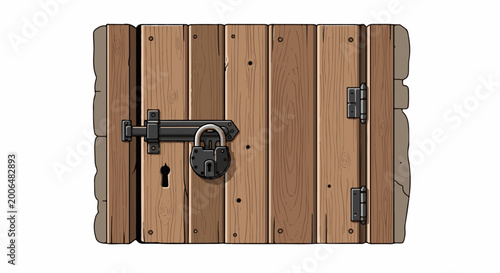 A rustic wooden door with a thick bolt and padlock