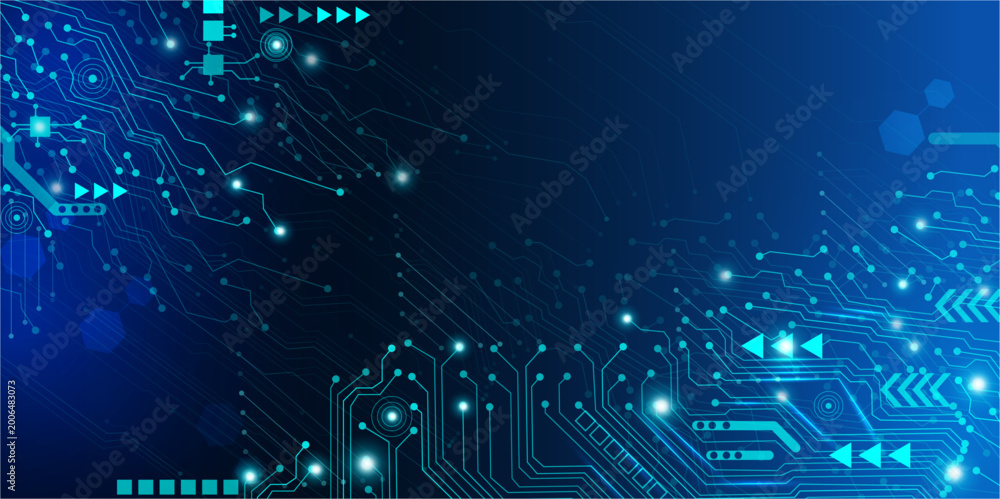 Obraz premium Electronic circuit board background. Vector backdrop with structured layout of connection lines and microchip elements. Digital pattern with data flow and signal transmission across system network
