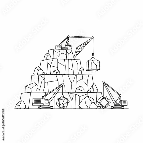 Fotografía Construction crane lifting heavy load at rocky mountain site illustration
