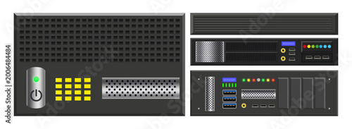 Server parts collection. Vector realistic power buttons and USB ports, ventilation grid and control interfaces. Hardware elements for maintenance, upgrade and replacement. Data center device fragments