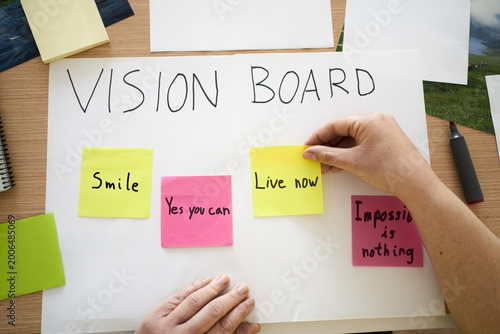 Hands, woman and writing on vision board in home for planning goals, aspirations and manifestation. Poster, pictures and sticky notes for inspiration, progress tracking and personal development