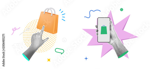 Halftone pop art with hands interacting with shopping elements. Vector finger pointing toward gift or shopping bag, arm holding smartphone displaying online shopping app. Sales and offers collage