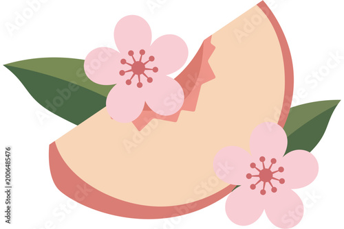 Sliced peach with pink blossoms isolated on transparent background for fruit tea illustration