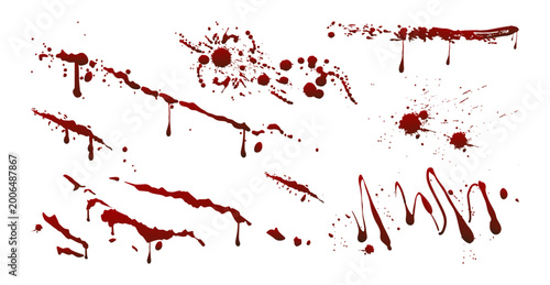 Blood cuts, claw mark and scratches with splatters and drops. Vector realistic dripping streaks, rough marks and surface smears. Accident recreation and medical graphics. Injury or damage simulation