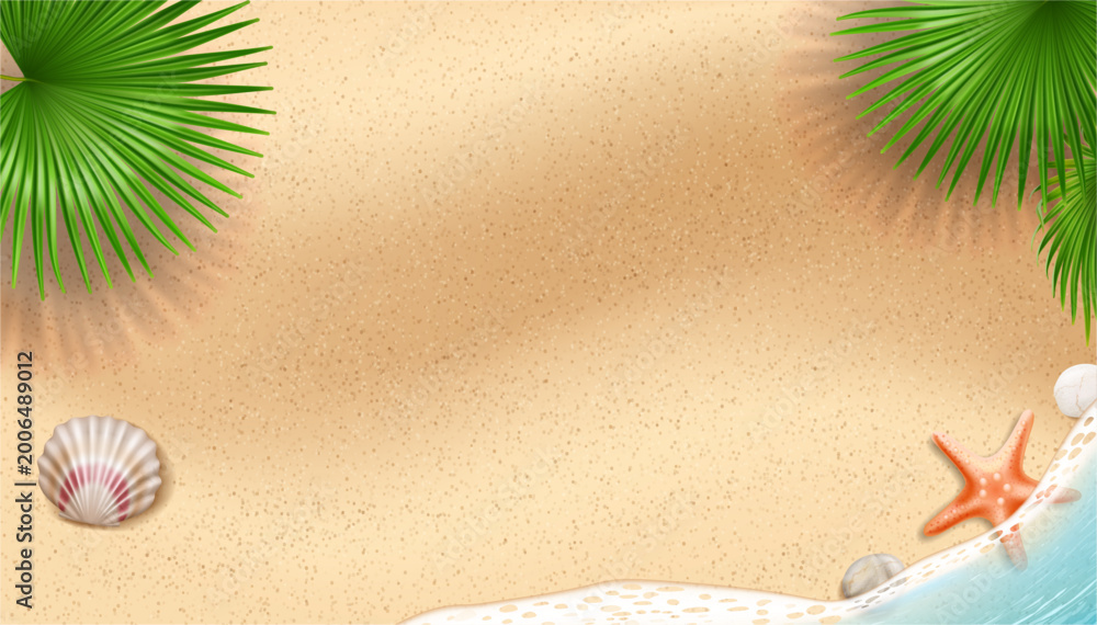 Obraz premium Seaside shore with palm leaves greenery, sandy beach and starfish. Vector realistic style, soft sea waves and yellow sand. Resort or tropical recreation and relax. Natural view, tropics climate
