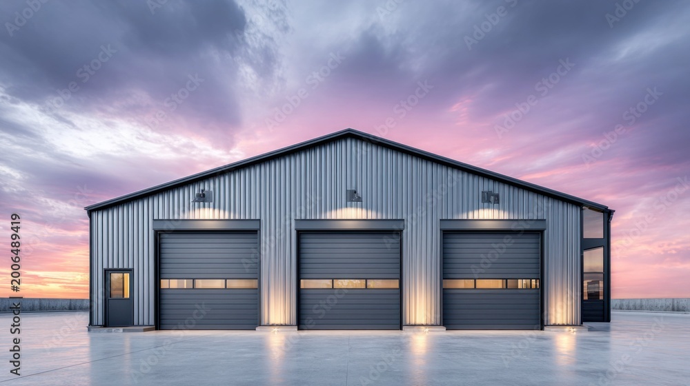 Obraz premium Modern industrial warehouse with three garage doors at sunset with dramatic sky