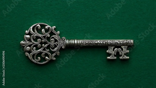 A detailed antique key rests upon a richly hued, textured surface. The intricate details of the key showcase exquisite craftsmanship, symbolizing unlocking, secrets, and historical significance.