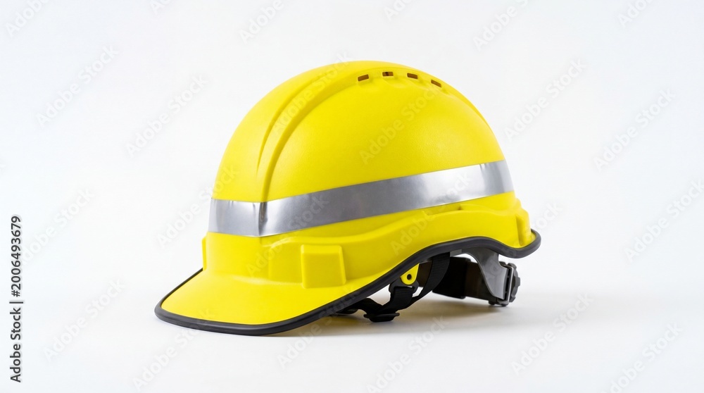 Fototapeta premium Yellow construction hard hat with safety reflective stripe
