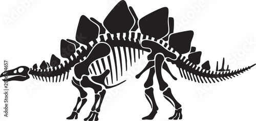 Stylized skeleton of a stegosaurus dinosaur walking with black and whi