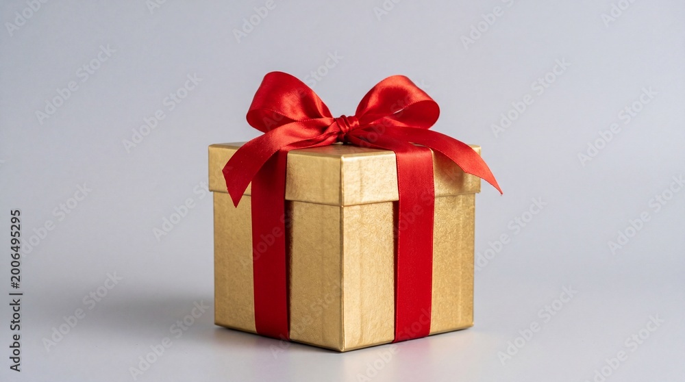 Fototapeta premium Golden gift box with a red ribbon bow