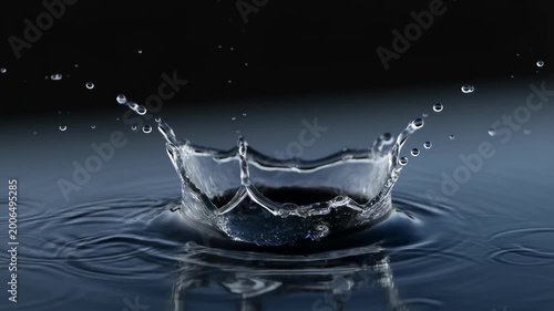 Slow motion shot of water drop crown splash with ripples on dark blue background
