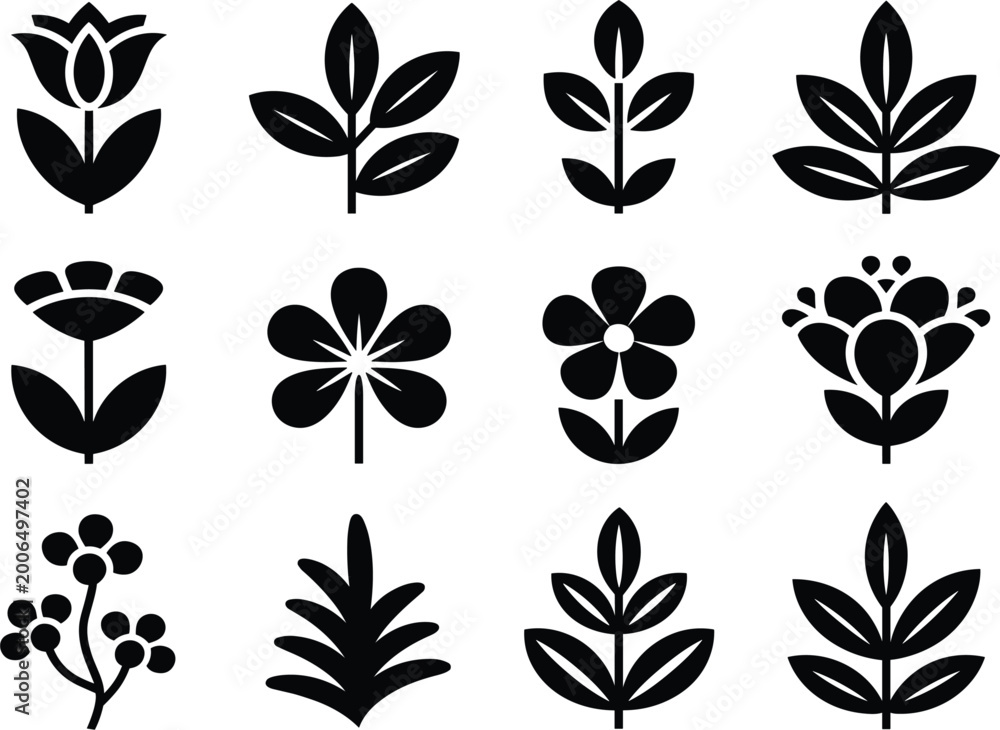 Obraz premium Vector set of black floral and leaf icons featuring various flower blossoms and botanical branch silhouettes