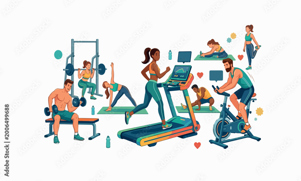Fototapeta premium Flat Vector Fitness Activity Set – People Exercising with Gym Equipment and Cardio Workouts