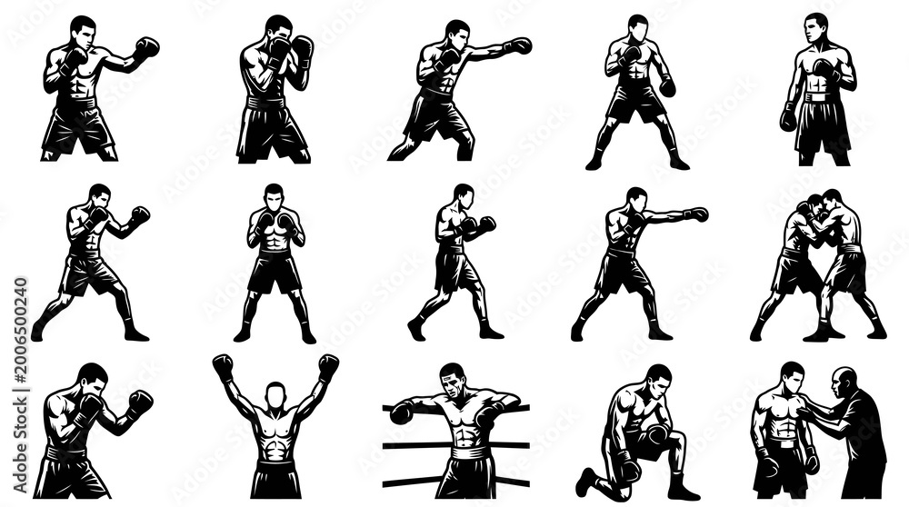 Obraz premium Black and White Line Art Vector of Boxers in Various Poses