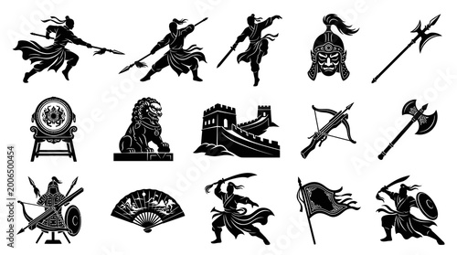 Black  White Silhouettes of Ancient Chinese Warriors, Weapons, and Symbols