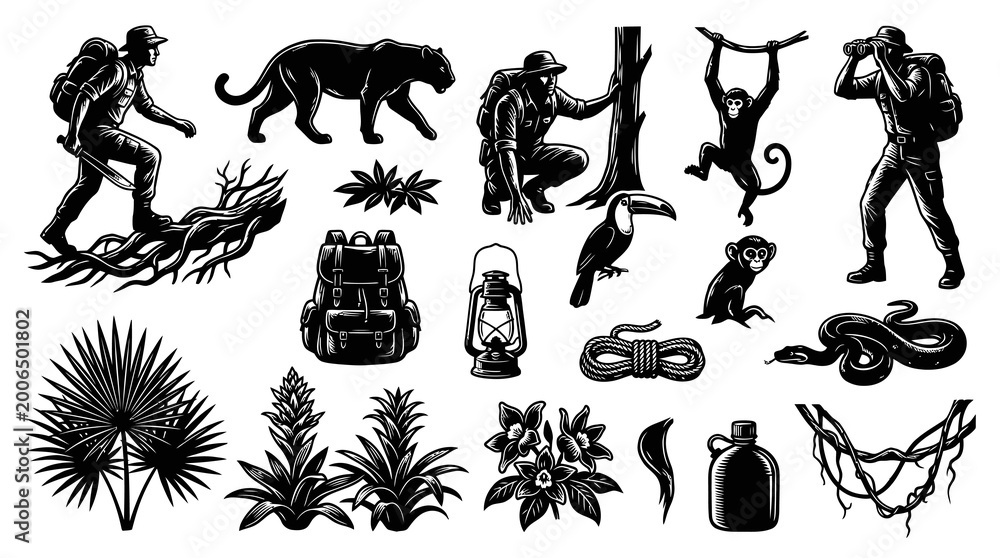 Obraz premium Jungle Expedition Adventure Vector Icons: Explorer, Panther, Monkey, Toucan, Snake