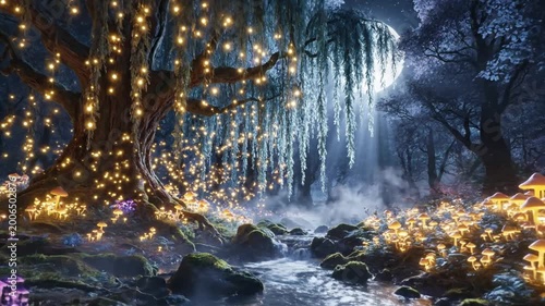 Enchanted forest scene with glowing lights and full moon
