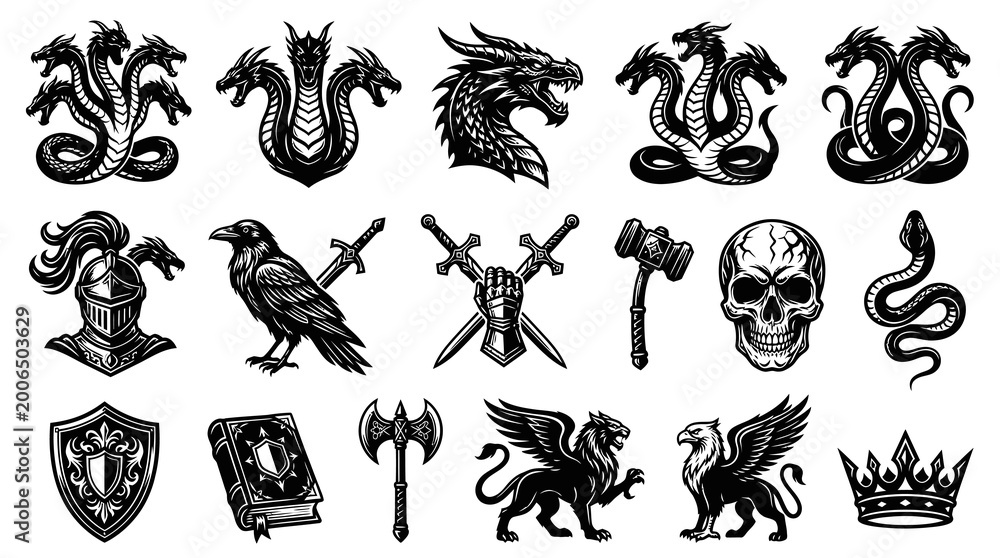 Fototapeta premium Black White Fantasy Vector Icons: Dragons, Knights, Skulls, Axes, Crowns, Griffins