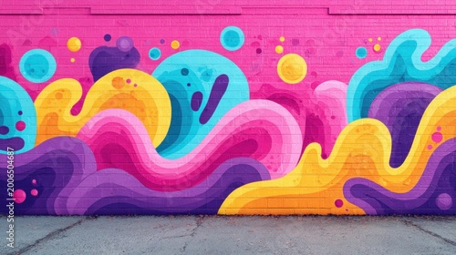 Vibrant abstract graffiti mural with swirling shapes and bright colors on a brick wall
