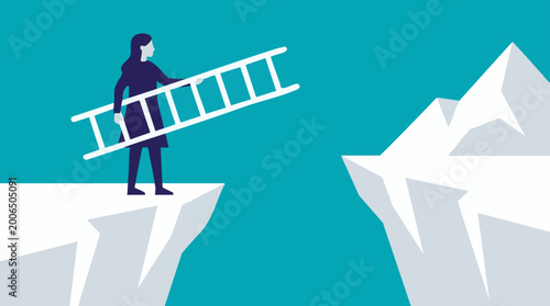 Bild auf Leinwand Woman holding ladder to bridge a gap between two cliffs, symbol of problem-solvi