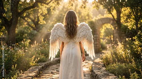 angel walking on a stone path in a garden