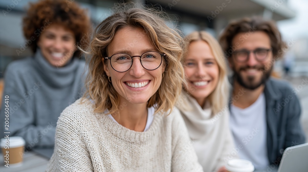 Fototapeta premium A cheerful group of four friends smiles at the camera, showcasing the warmth of companionship in an outdoor café setting, emphasizing connection and joy.