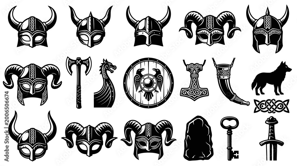 Naklejka premium Viking Norse Mythology Black White Line Art Icons Set with Helmets, Weapons, and Cultural Symbols