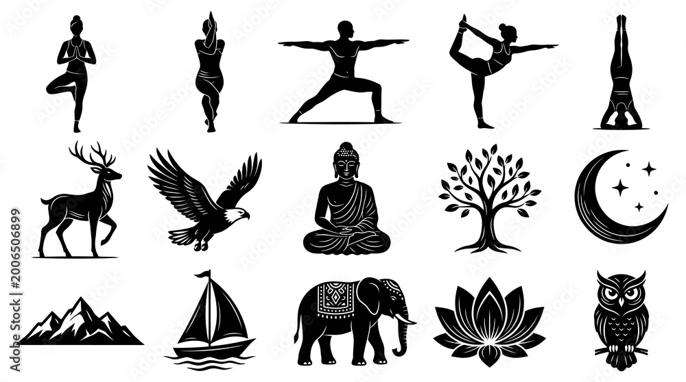 Fototapeta premium Yoga, Buddha, Animals Nature Vector Icons Black White Set