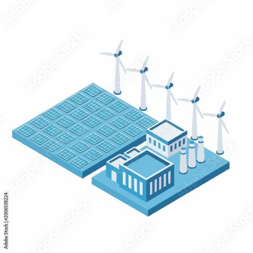 Foto Renewable energy power plant with solar panels and wind turbines.