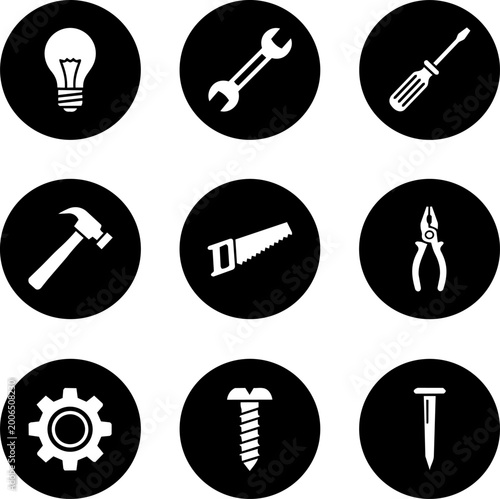 Set of nine tool and hardware icons on black circles on transparent background vector illustration.