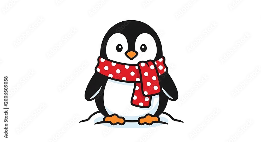 Obraz premium Cute penguin wearing red scarf standing.