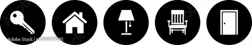 Assorted icons for home and real estate in black circles on transparent background, conveying property elements.