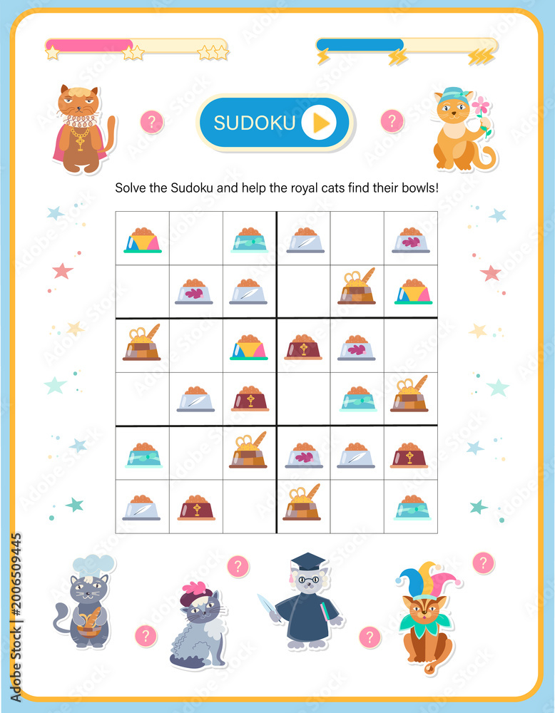 Obraz premium Sudoku puzzle for kids with cute royal cats and food bowls, logic game worksheet.
