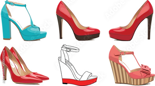 Quadro su tela Women stylish high heel shoes collection with pumps, platform sandals and wedge