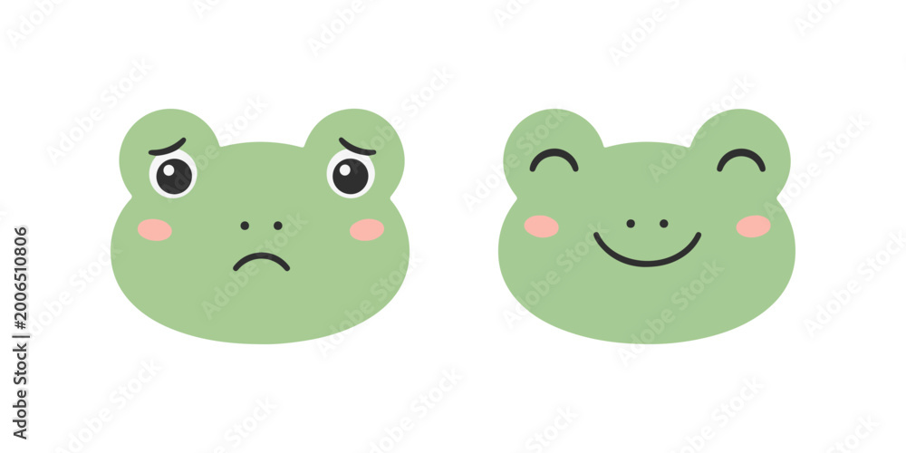 Fototapeta premium Cute frog faces set with sad and happy emotions, kawaii cartoon characters, simple flat illustration isolated on white background