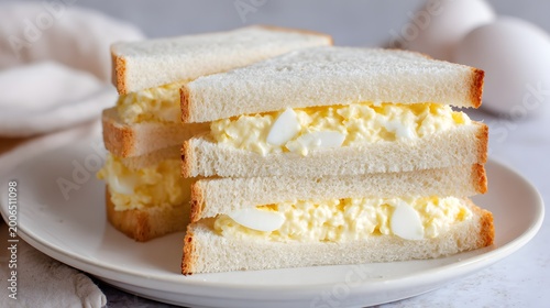 Classic egg salad sandwiches stacked on white plate.