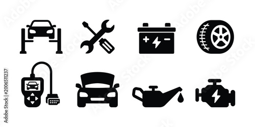 Auto Service Icons Set Car Lift Tools Battery Tire Oil OBD Engine, Automotive Repair and Maintenance Symbols for Garage, Diagnostics and Vehicle Service Minimal Black Vector