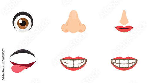 Foto Human Facial Features: A playful illustration presents a collage of isolated human facial components, each exuding its unique expression and character