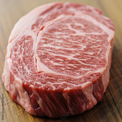 Closeup of a raw marbled ribeye steak on a wooden surface.