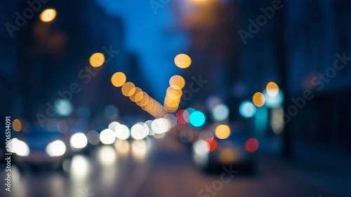 Urban street bokeh with blurred headlights and cool blue evening light