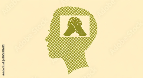 praying in thought, green silhouette, head with praying hands