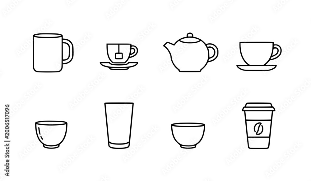 Obraz premium Minimal line drinkware icons with coffee cups teapot and glass outline vector set