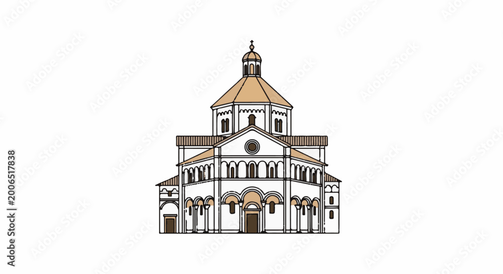 Obraz premium Stylized facade of a large domed building with arched entrances and windows