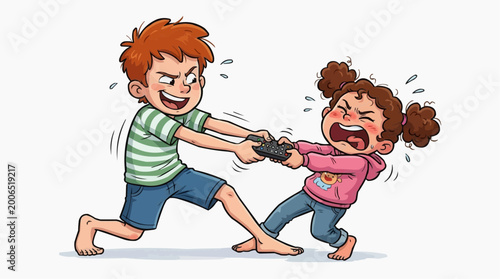 A cartoon illustration of sibling rivalry shows a playful yet intense tussle, highlighting a common childhood dynamic with a touch of humor.