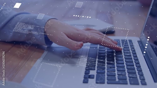 Right hand coming left, hovering then sliding over keys, showing code overlays and inputting data