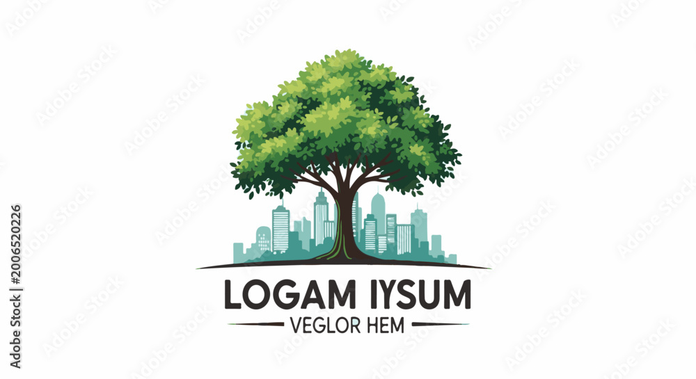 Obraz premium Lush green tree flourishes over a city skyline with text below
