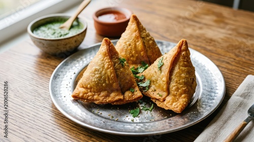 Golden samosas with chutneys a delicious indian snack presentation